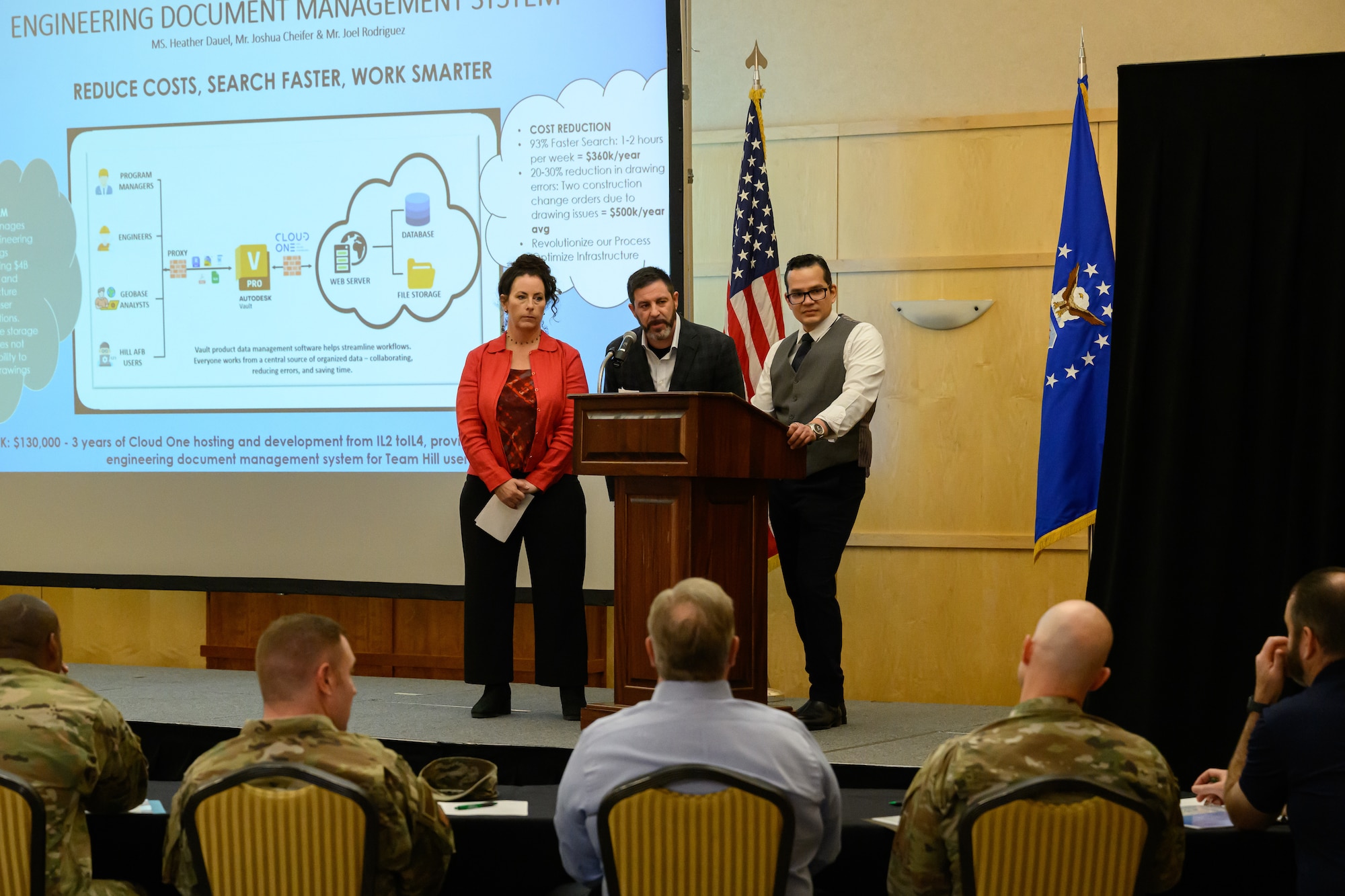 Center, from left, Heather Dauel, Joshua Cheifer and Joel Rogriguez, 775th Civil Engineer Group, present an innovation idea to the judges panel during a Spark Tank event at Hill Air Force Base, Utah, May 25, 2023.  The event was part of the 2023 HAFB Innovation Days held May 22-25. The event featured training sessions, speakers and panels designed to help participants navigate the innovation ecosystem and help solve Department of the Air Force problems. (U.S. Air Force photo by R. Nial Bradshaw)