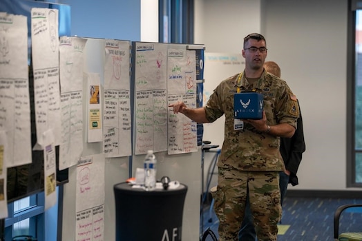  Presenters perform an out-brief at the Challenge Definition Workshop warm-up activity, yellow pages, in Las Vegas, Nevada, May 31, 2023. (AF Photo / Jerry Smith)