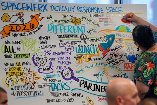  Graphics facilitator illustrates the Challenge Definition Workshop objectives during an opening session in Las Vegas, Nevada, May 31, 2023. (AF Photo / Jerry Smith)