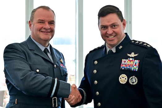  Chief of Space Operations Gen. Chance Saltzman meets with Royal Air Force Air and Space Warfare Centre Commandant Air Cdre Blythe Crawford at the Royal International Air Tattoo at RAF Fairford, England, July 14, 2023. Saltzman and Crawford discussed opportunities for the Space Force and ASWC to partner to build resilient, ready, and combat-credible forces. (U.S. Air Force photo by SSgt. Jeremy McGuffin)