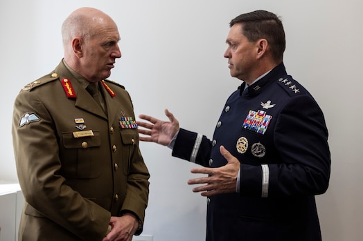  Chief of Space Operations Gen. Chance Saltzman meets with Australian Defence Force Chief of Joint Capabilities Lt. Gen. John Frewen during a trilateral engagement with senior military leaders from the UK and Australia in London, July 12, 2023. Saltzman and Frewen were joined by Royal Air Force Air & Space Commander Air Marshal Harv Smyth, UK Space Command Commander Air Vice Marshal Paul Godfrey, and Australian Defence Space Command Commander Air Vice Marshal Cath Roberts. The representatives of the three allied nations discussed ongoing cooperative efforts between the U.S. Space Force, RAF and Defence Space Command, as well as opportunities to expand collaboration. (Royal Air Force courtesy photo)