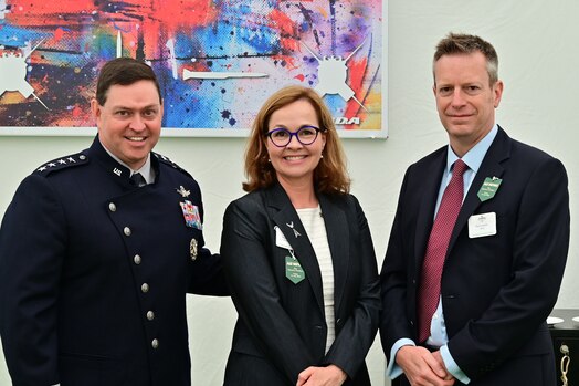  Chief of Space Operations Gen. Chance Saltzman meets with Australian Defence Force Chief of Joint Capabilities Lt. Gen. John Frewen during a trilateral engagement with senior military leaders from the UK and Australia in London, July 12, 2023. Saltzman and Frewen were joined by Royal Air Force Air & Space Commander Air Marshal Harv Smyth, UK Space Command Commander Air Vice Marshal Paul Godfrey, and Australian Defence Space Command Commander Air Vice Marshal Cath Roberts. The representatives of the three allied nations discussed ongoing cooperative efforts between the U.S. Space Force, RAF and Defence Space Command, as well as opportunities to expand collaboration. (Royal Air Force courtesy photo)