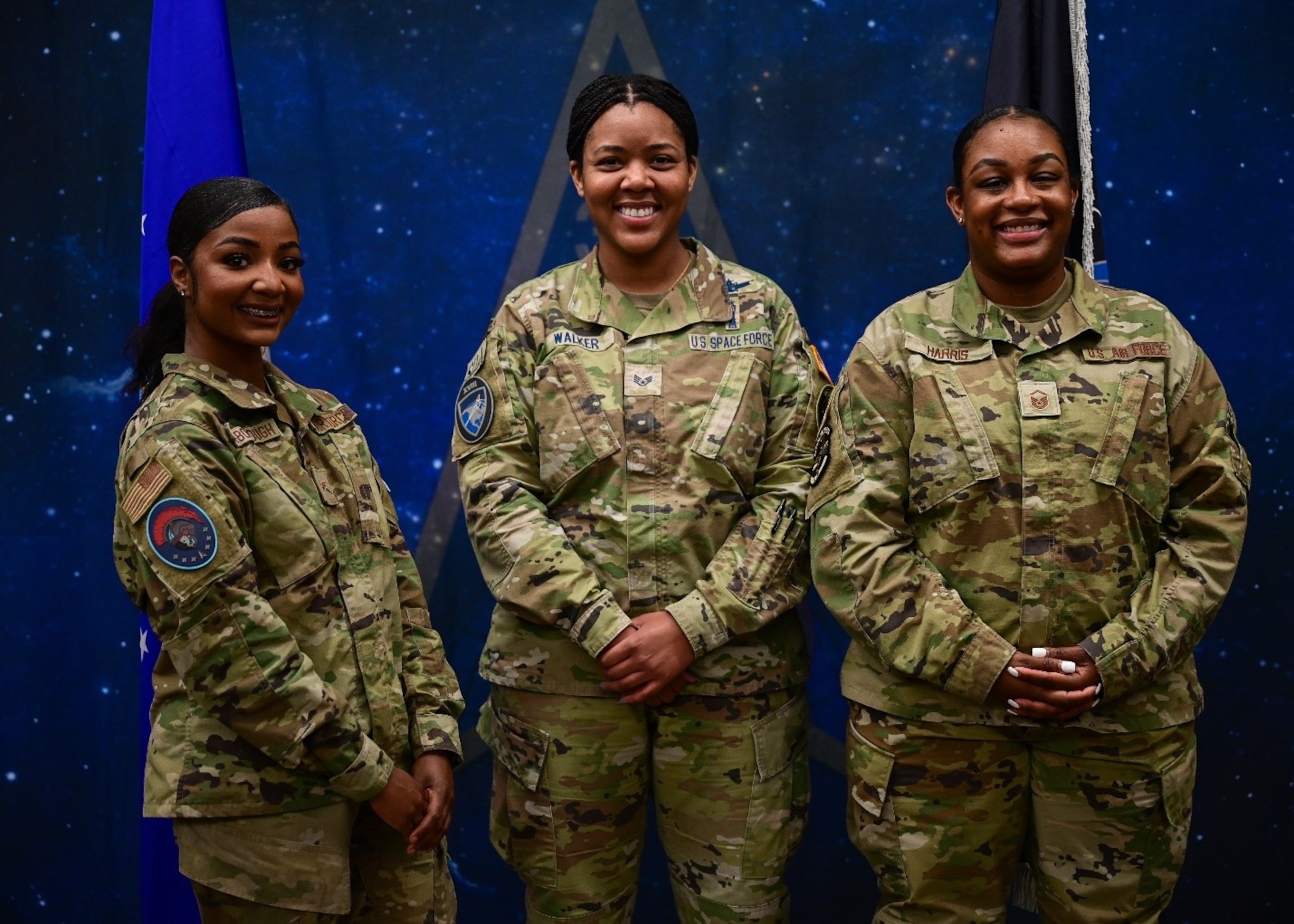 U.S. Air Force Senior Airman Debrincia Scarborough, 533rd Training Squadron commander support staff, U.S. Space Force Sgt. Kendra Walker, 18th Space Defense Squadron crew chief, and U.S. Air Force Master Sgt. Latrice Harris, 30th Logistical Readiness Squadron superintendent, pose for a photo on Vandenberg Space Force Base, Calif., June 29, 2023. The three Vandenberg Space Force Base service members applied their training in Tactical Combat Casualty Care to aid a man attempting to take his own life in Santa Maria, Calif., on May 20, 2023. (U.S. Space Force photo by 2nd Lt. Hunter Lavigne.)