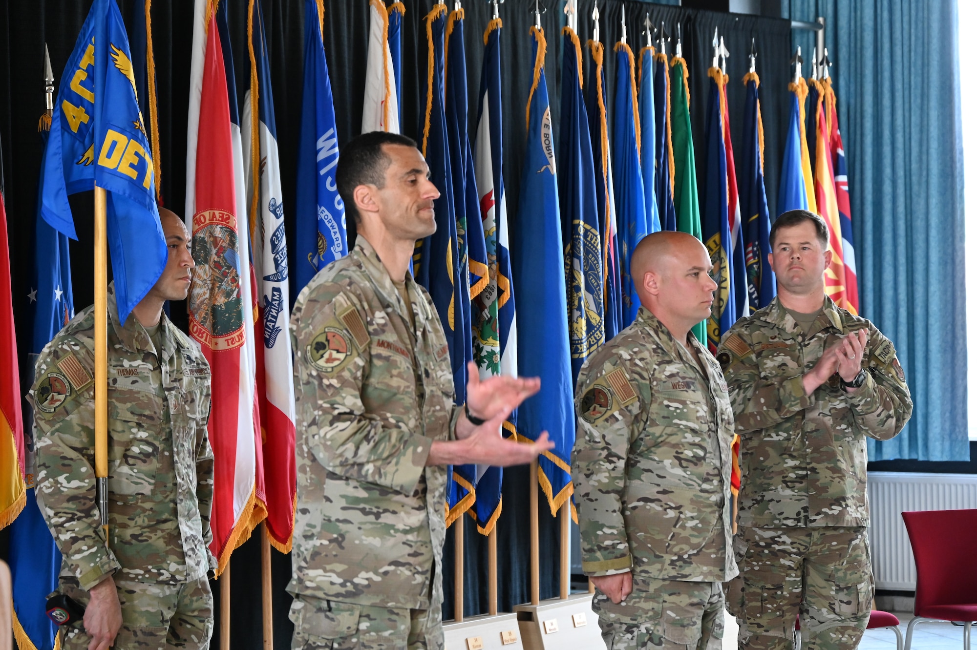 Everyone in attendance congratulates and welcomes Maj William West as the incoming commander to the 4th Combat Training Squadron's Detachment 1.