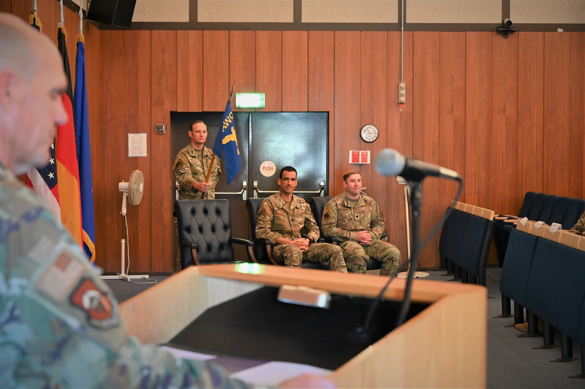 U.S. Air Force Col. Dean Berck, left, United States Air Forces in Europe and Air Forces Africa Warfare Center Commander says farewell and welcome to the 4th Combat Training Squadron's commanders.