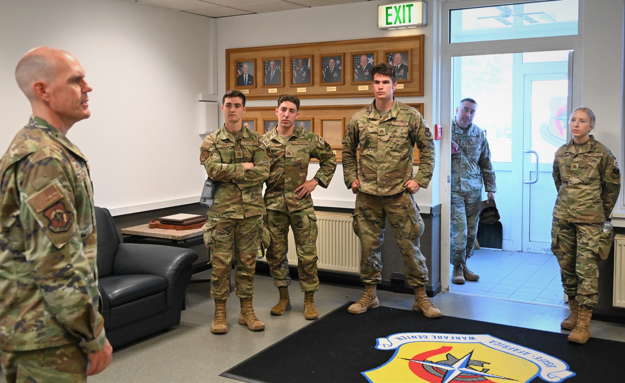 The USAF Cadets are greeted by Col. Dean Berck, Commander, USAFE-AFAFRICA Warfare Center, before they receive a mission brief and tour of the campus.