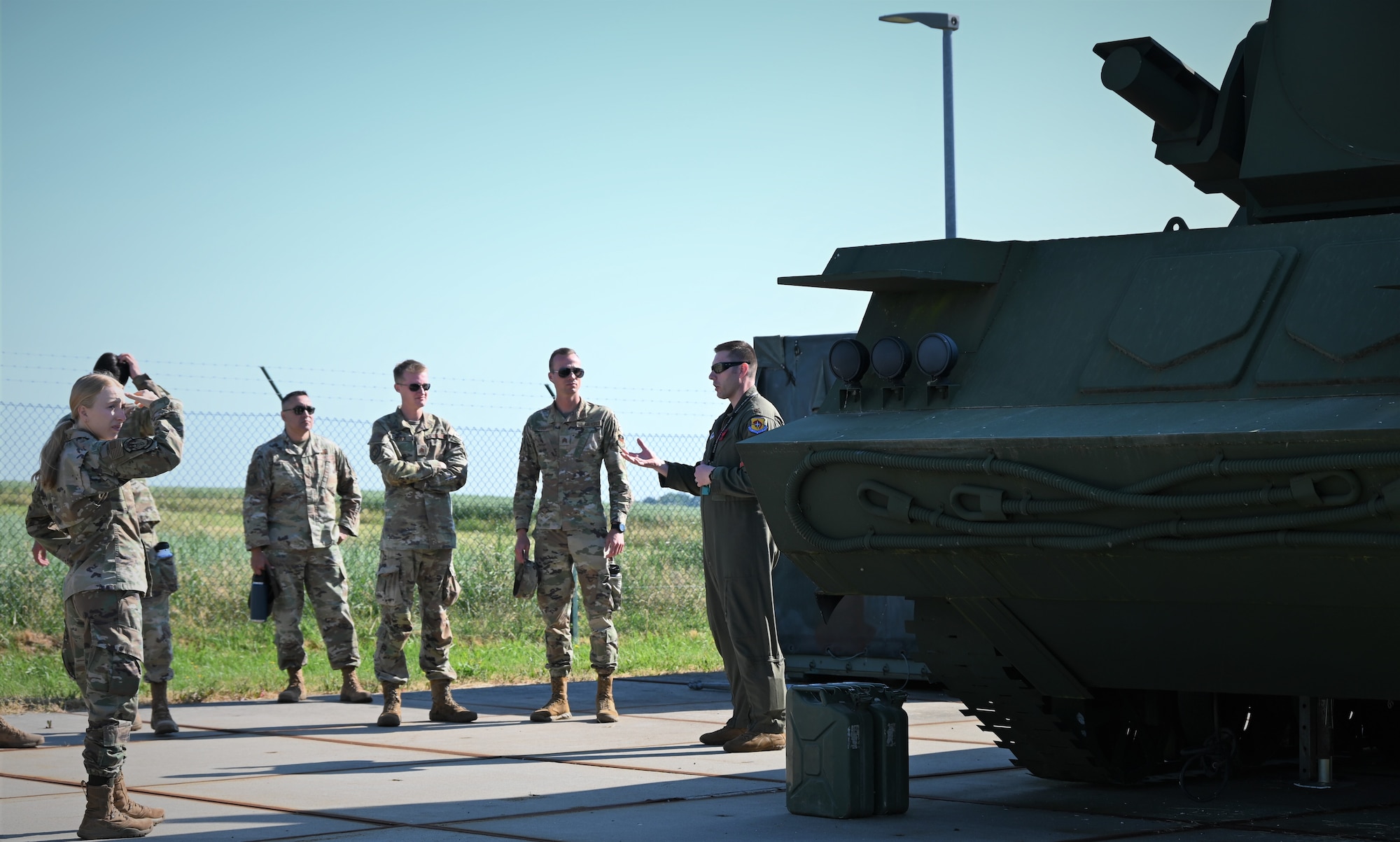 Maj Sean Sletten guides the USAF Cadets on a tour of the USAFE Polygone's campus; demonstrating equipment and how they train with squadrons.