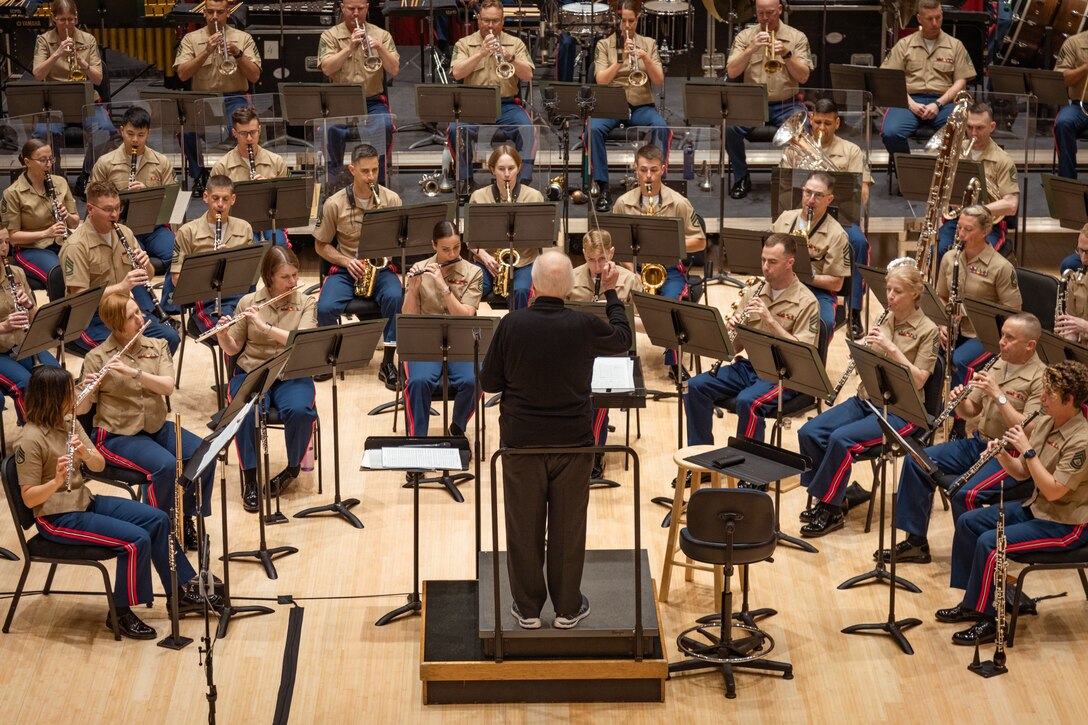Composer and Conductor John Williams leads the United States Marine Band in rehearsal on July 15, 2023, the day before its 225th anniversary concert at The Kennedy Center for the Performing Arts. The Marine Band will perform a program entirely comprised of Williams' work, marking the fifth collaboration between the artist and ensemble since 2003.
(U.S. Marine Corps photo by Staff Sgt. Chase Baran/Released)