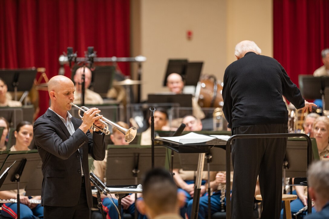 Thomas Hooten, Principal Trumpet of the Los Angeles Philharmonic, rehearses "With Malice Toward None" from Lincoln, as the composer John Williams conducts the Marine Band in John Philip Sousa Band Hall on July 15, 2023.
(U.S. Marine Corps photo by Staff Sgt. Chase Baran/Released)
