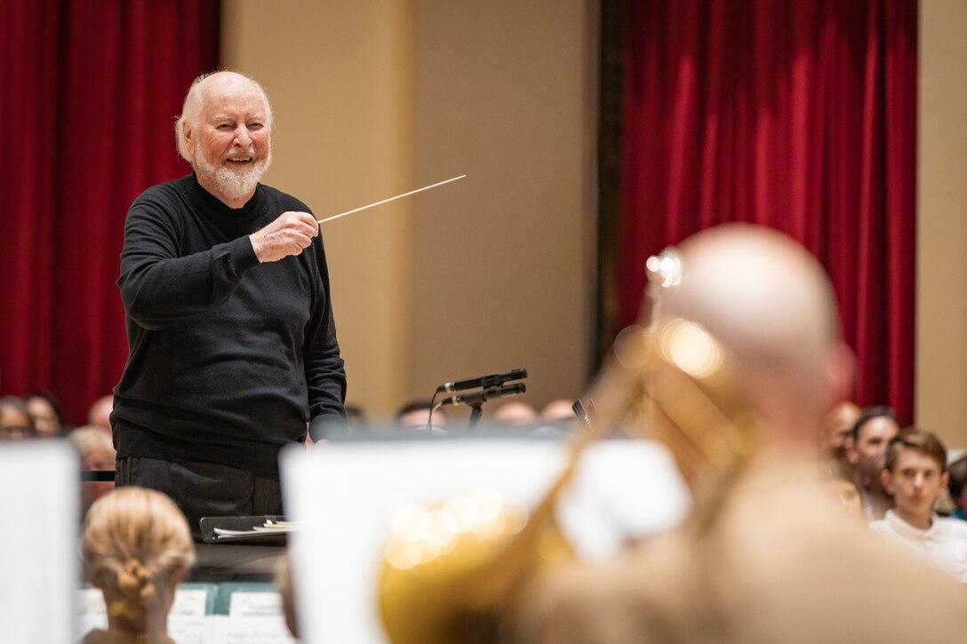 John Williams smiles while leading the United States Marine Band in rehearsal on July 15, 2023, the day before its 225th anniversary concert at The Kennedy Center for the Performing Arts.
(U.S. Marine Corps photo by Staff Sgt. Chase Baran/Released)