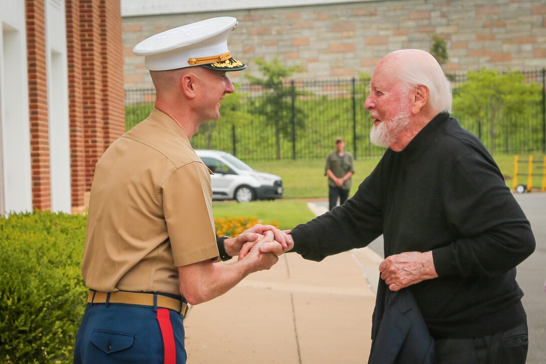 Marine Band Director Col. Jason Fettig shakes hands with John Williams as he arrives at the Marine Barracks Annex in Washington, DC, on July 15, 2023.
(U.S. Marine Corps photo by Gunnery Sgt. Rachel Ghadiali/Released)
