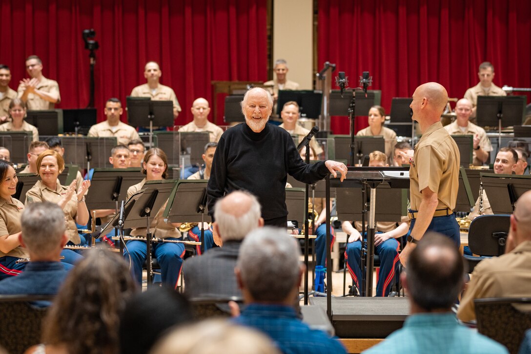 On July 15, 2023, John Williams speaks to the audience gathered to watch the Marine Band's rehearsal the day before its 225th anniversary concert.
(U.S. Marine Corps photo by Staff Sgt. Chase Baran/Released)