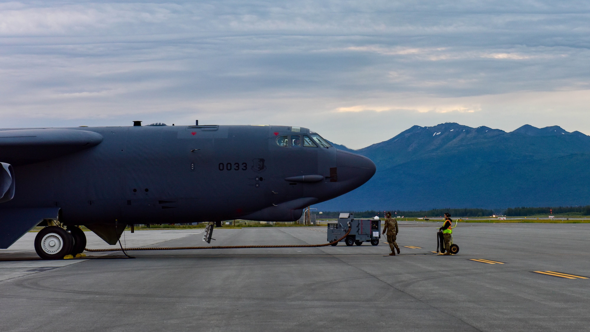 A B-52H Stratofortress assigned to the 69th Bomb Squadron from Minot Air Force Base, North Dakota, prepares for takeoff in support of a bomber Agile Combat Employment exercise at Joint Base Elmendorf-Richardson, Alaska, July 14, 2023. U.S. Strategic Command forces are on watch 24 hours a day, seven days a week, conducting operations to deter and detect strategic attacks against the United States and our Allies. (U.S. Air Force photo by Senior Airman Zachary Wright)