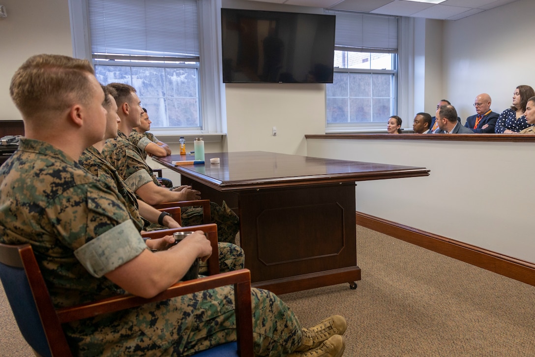 Mr. Jim Dietz, a hall of fame coach, presents a practical application brief to his fellow coaches at the coaches workshop on Marine Corps Base Quantico, Va, May 10, 2023. Coaches from across the nation travelled here to learn about the Marine Corps' officer programs. The purpose of the workshop is to create a mutually beneficial relationship between coaches and the Corps, where coaches share knowledge based on first-hand experience with colleagues, students and athletes.