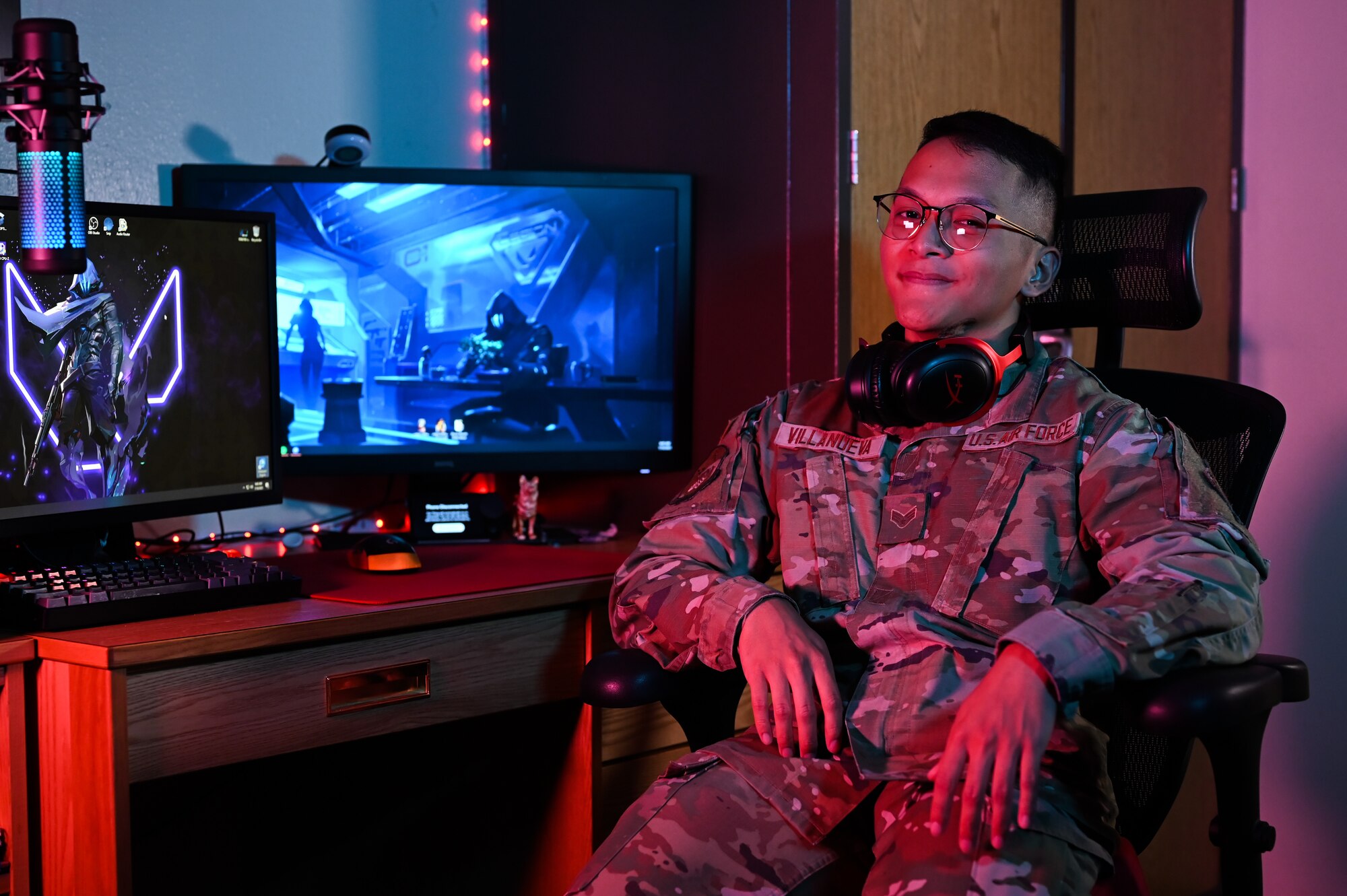 U.S. Air Force Senior Airman Jimmy Villanueva, 47th Communication Support Squadron cyber network operator and captain of the Laughlin Gaming Team, sits at a computer at Laughlin Air Force Base, Texas, July 10, 2023.