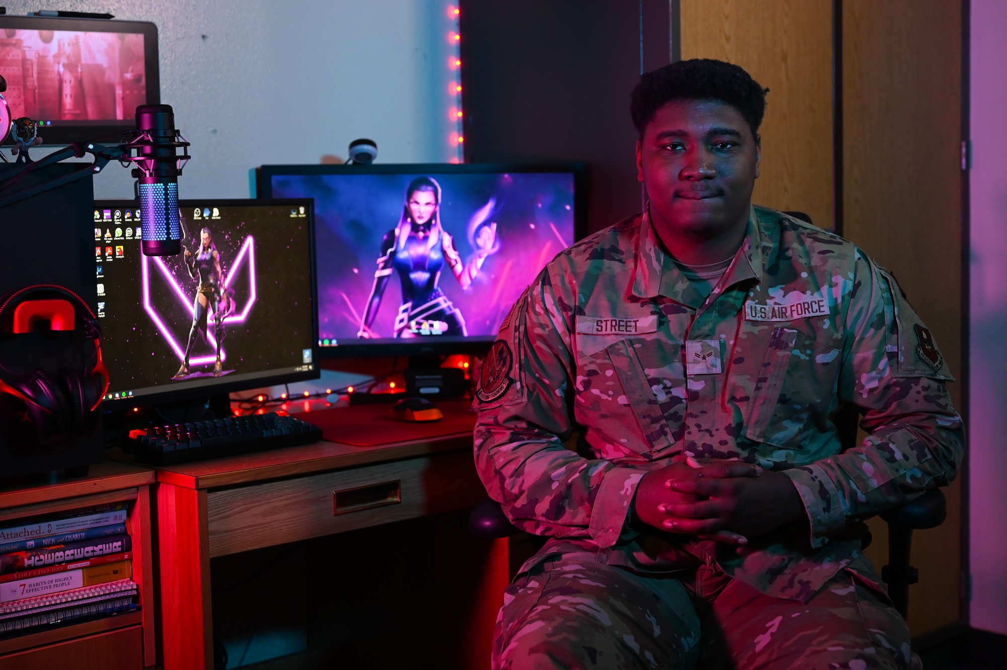U.S. Air Force Airman 1st Class Street, 86th Flying Training Squadron aviation resource manager and member of the Laughlin Gaming Team, sits at a computer at Laughlin Air Force Base, Texas, July 10, 2023.