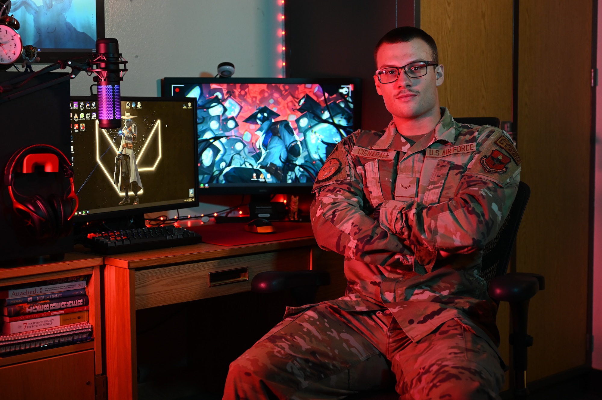 U.S. Air Force Airman 1st Class Xander Cignarale, 47th Communication Support Squadron security operations apprentice and member of the Laughlin Gaming Team, sits at a computer at Laughlin Air Force Base, Texas, July 10, 2023.