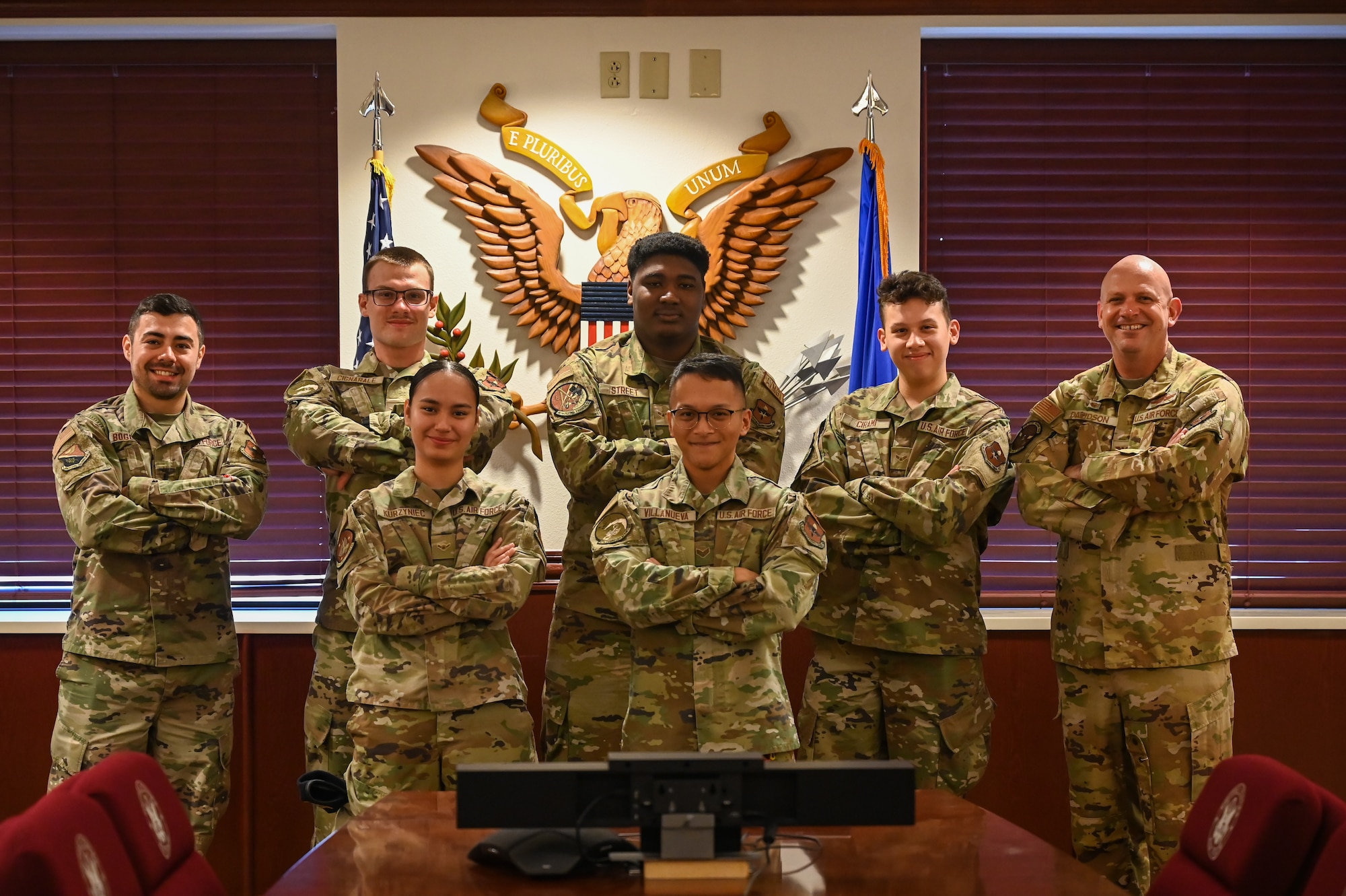 Members of the Laughlin Air Force Base Gaming Team pose with U.S. Air Force Col. Kevin Davidson (far right), 47th Flying Training Wing commander, during a visit and recognition of the team’s first tournament participation at Laughlin Air Force Base, Texas, July 10, 2023.