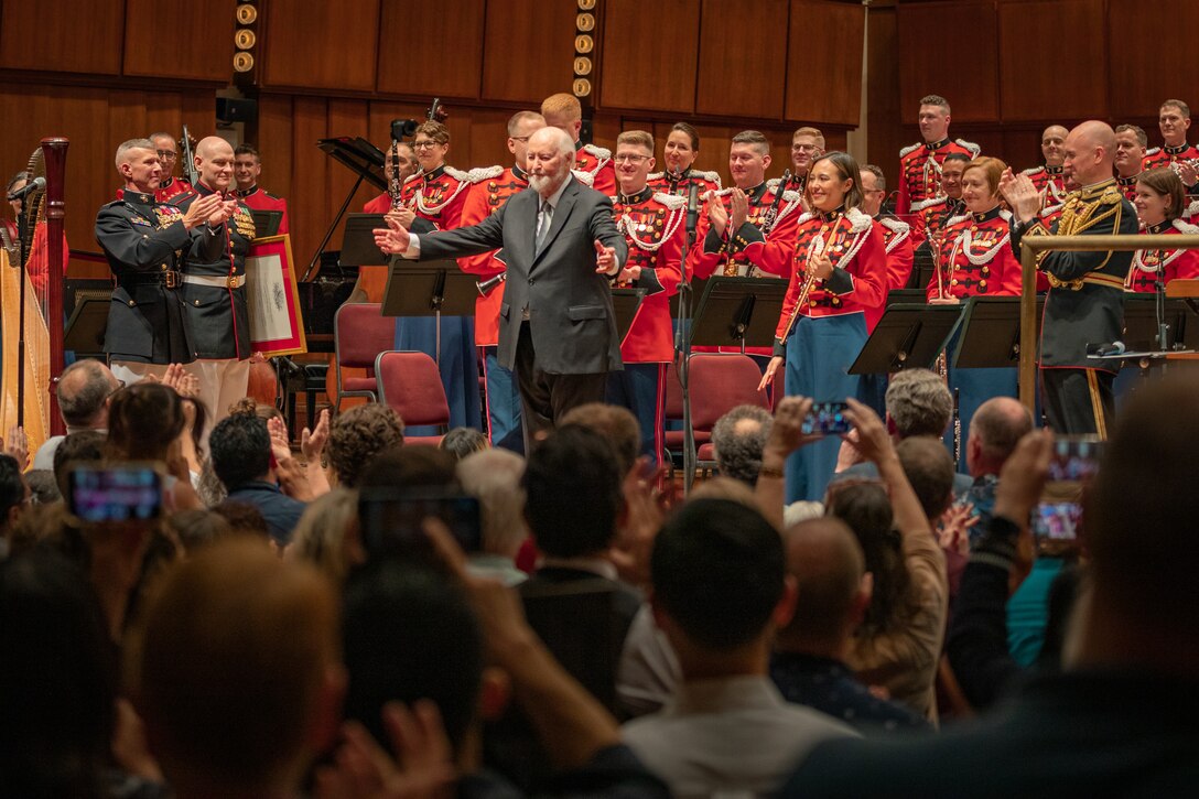 John Williams receives a standing ovation from the audience after being named an Honorary Marine during the Marine Band's 225th anniversary concert at The Kennedy Center for the Perfomring Arts on July 16, 2023.
(U.S. Marine Corps photo by Staff Sgt. Chase Baran/released)