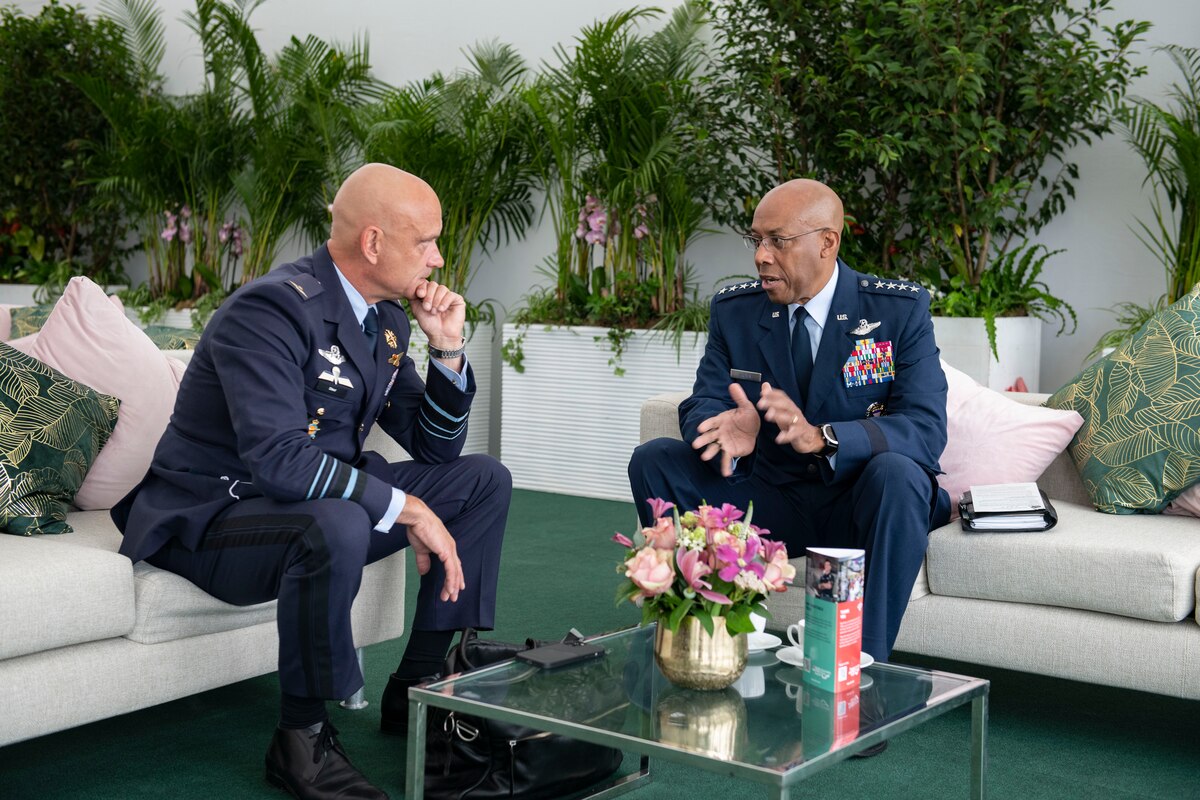 U.S. Air Force Chief of Staff Gen. CQ Brown, Jr., right, meets with Lt. Gen. André Steur, Royal Netherlands Air Force commander, during the Royal International Air Tattoo at RAF Fairford, United Kingdom, July 14, 2023. Brown attended RIAT to engage with air and space chiefs from other nations and demonstrate the Department of the Air Force’s commitment to its allies and partners. (U.S. Air Force photo by Senior Airman Jason W. Cochran)