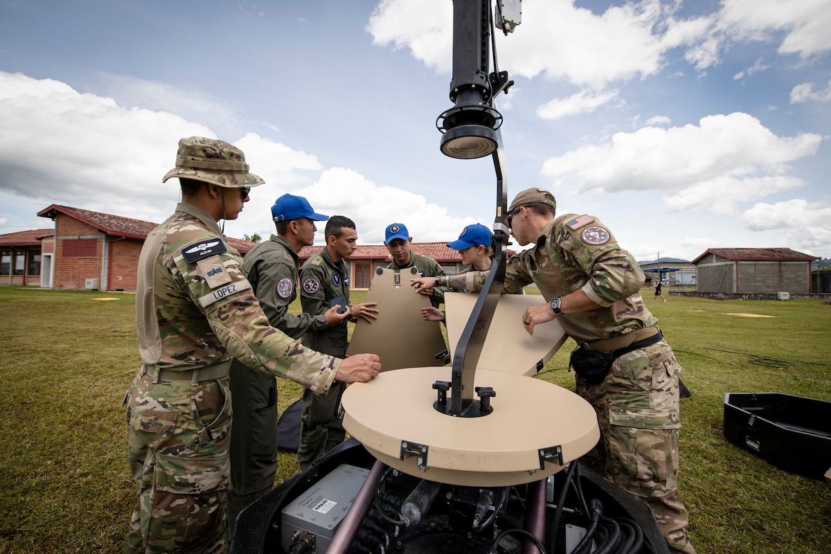 A coalition space team of U. S. Space Force Guardians, Colombian Air Force Guardianes, and Ecuadorian Air Force members deploy an Olympus Bolt intelligence, surveillance and reconnaissance sensor at a forward operating location in Rionegro, Colombia, after a rapid relocation from its previous deployment in Cali, Colombia. The deployment was part of Operation Thundergun Express, a 21-day space deployment exercise nested under Resolute Sentinel 23. This antenna, designed for rapid deployment, forms a crucial component of space Agile Combat Employment.