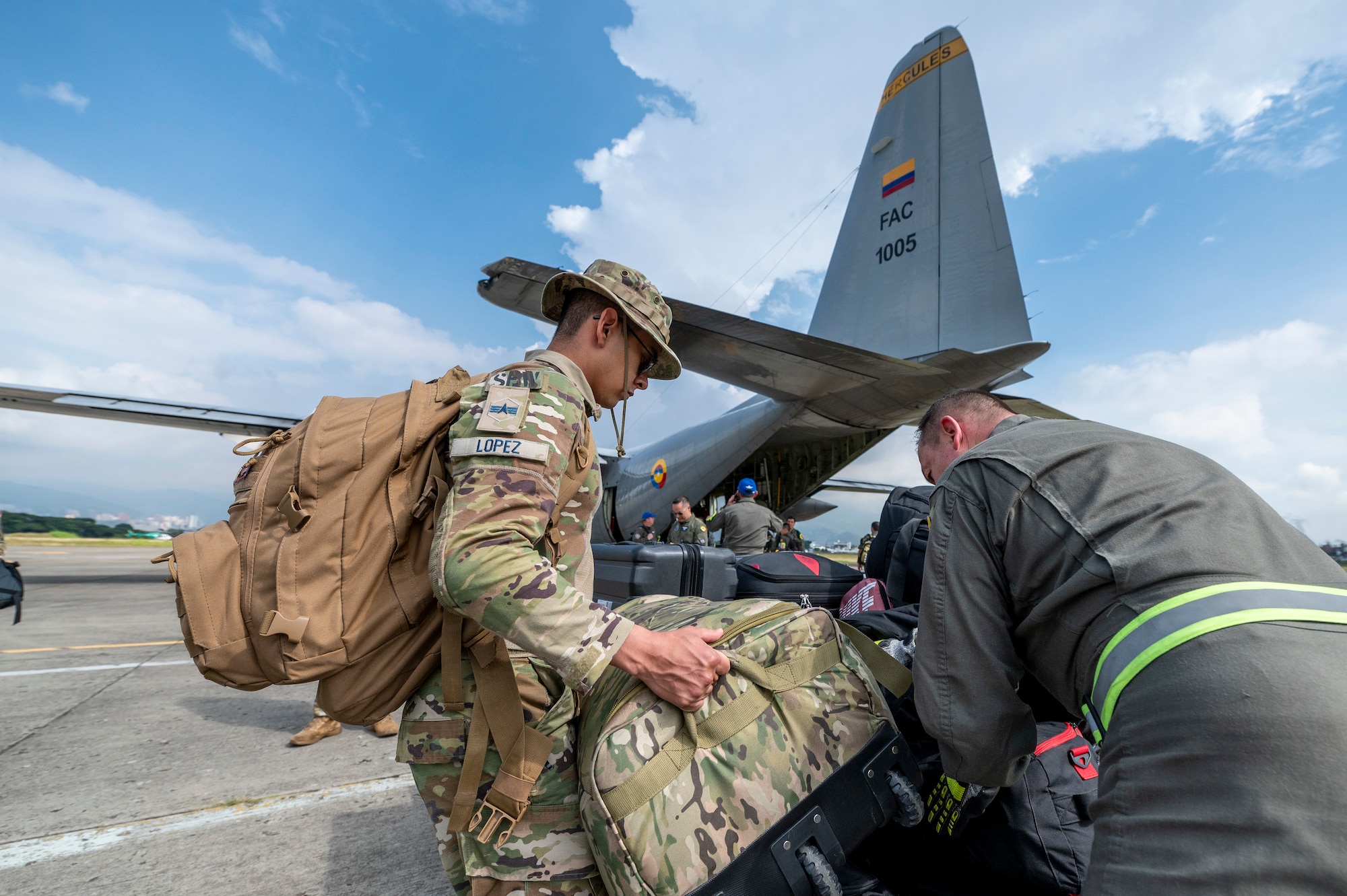 U. S. Space Force Spec. Alejandro Lopez II, 16th Electromagnetic Warfare Squadron, works alongside Colombian Air Force partners to load gear and equipment onto a Colombian Air Force C-130 as part of Operation Thundergun Express, a 21-day space deployment exercise nested under Resolute Sentinel 23. This rapid move and reset showcased the space team’s ability to quickly move in the area of operations, assuring uninterrupted space domain awareness and command and control, and achieving freedom of action to accomplish the commander’s intent.
