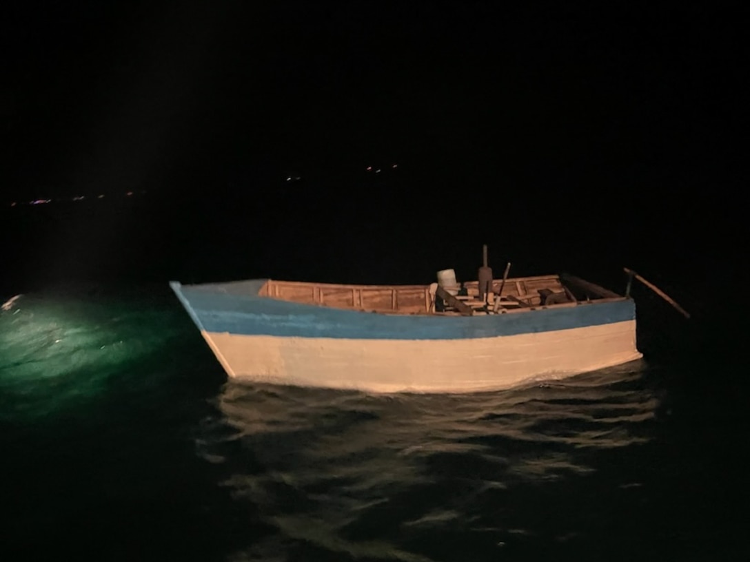 Coast Guard Station Marathon crew interdicts a rustic vessel 18 miles south of Boot Key, Florida, July 14, 2023. The people interdicted were repatriated to Cuba July 17, 2023. (U.S. Coast Guard photo)