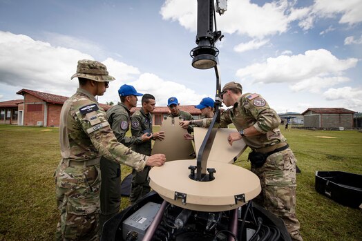  A coalition space team of U. S. Space Force Guardians, Colombian Air Force Guardianes, and Ecuadorian Air Force members deploy an Olympus Bolt intelligence, surveillance and reconnaissance sensor at a forward operating location in Rionegro, Colombia, after a rapid relocation from its previous deployment in Cali, Colombia. The deployment was part of Operation Thundergun Express, a 21-day space deployment exercise nested under Resolute Sentinel 23. This antenna, designed for rapid deployment, forms a crucial component of space Agile Combat Employment.