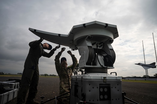  A coalition space team of U. S. Space Force Guardians, Colombian Air Force Guardianes, and Ecuadorian Air Force members deploy an Olympus Bolt intelligence, surveillance and reconnaissance sensor at a forward operating location in Cali, Colombia, as part of Operation Thundergun Express, a 21-day space deployment exercise nested under Resolute Sentinel 23. This antenna, designed for rapid deployment, forms a crucial component of space Agile Combat Employment.