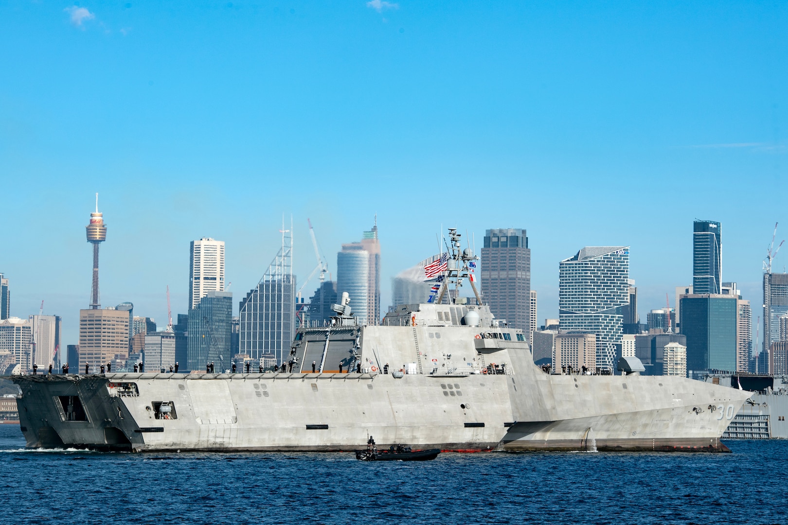 The Independence variant litoral combat ship USS Canberra (LC30) arrives in Sydney, Australia July 18, 2023.  The ship will be commissioned July 22 in Sydney.