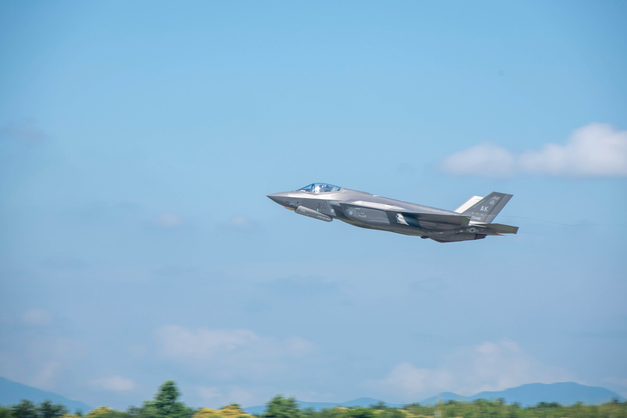 A fighter jet takes off.