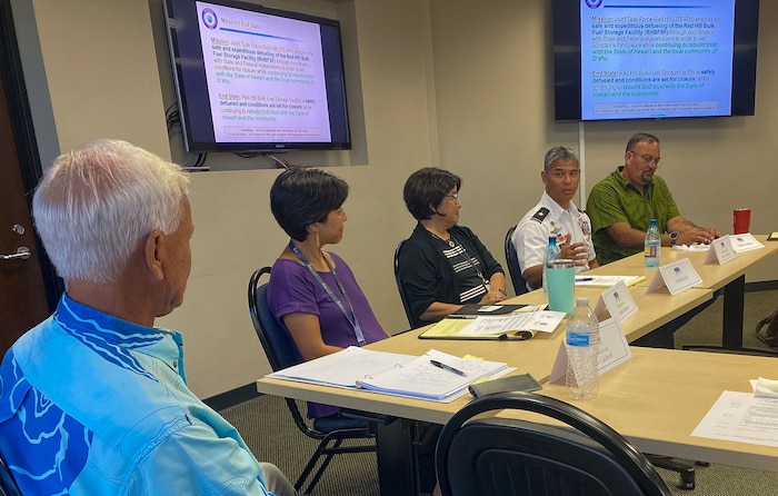 Joint Task Force Red-Hill (JTF-RH) Strategic Engagements Director, U.S. Army Brig. Gen. Lance Okamura (center right), speaks alongside fellow panelist Na‘alehu Anthony, Board of Water Supply Chair (far right), Kathleen Ho, State of Hawaii Department of Health Deputy Director for Environmental Health (center) and Hawaii State Rep. Linda Ichiyama (center left), while discussing “Red Hill: The Past, Present and Future,” during the 15th Annual Leadership Institute hosted by Hawaii State Bar Association, Honolulu, Hawaii, July, 2023. (DoD photo by U.S. Marine Corps Cpl. Gabrielle Zagorski)