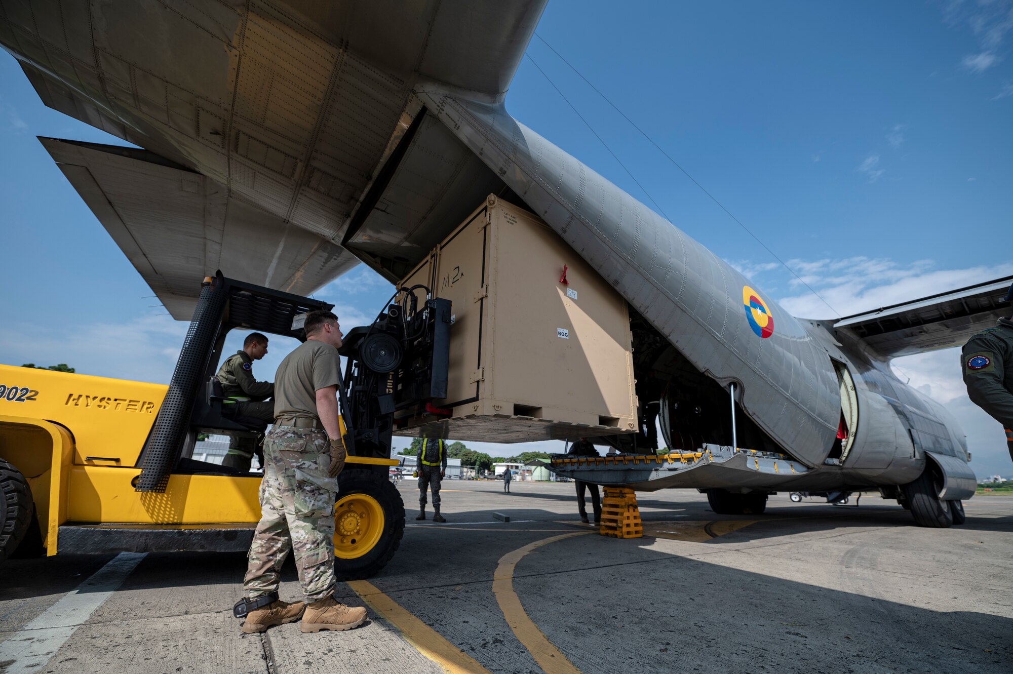 Teams load the Olympus Bolt intelligence, surveillance and reconnaissance and Multi-band Assessment of the Communication Environment (MACE) systems onto a Colombian Air Force C-130 as part of Operation Thundergun Express, a 21-day space deployment exercise nested under Resolute Sentinel 23. This quick move demonstrates the proactive maneuver concept for space Agile Combat Employment, as the space team used portable commercial off-the-shelf systems for the exercise.