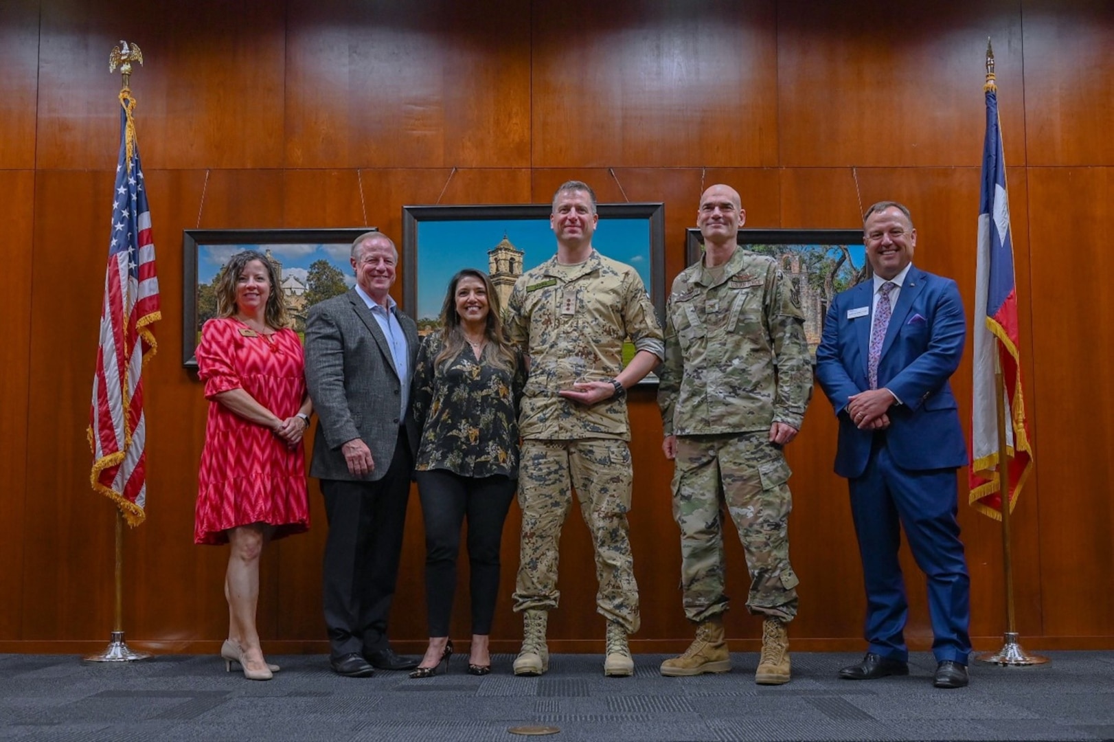 (Left to Right) Lori Stinson, Military Affairs and Leadership Development, Antonio’s Chamber of Commerce; Dave Petersen, City of San Antonio’s Chamber of Commerce’s Interim president, Bianca Rhodes, Knight Aerospace President and CEO;1st Lt. Martti Eerma, Estonia Defense Force, Republic of Estonia; Col. William H. Gutermuth, commander 433rd Airlift Wing, Joint Base San Antonio-Lackland, Texas, and Dave Bonney, First Command Financial Advisor host a reception to commemorate 1st Lt. Martii Eerma, Estonian Defense Force, visit to Joint Base San Antonio-Lackland and the greater San Antonio, Texas area on June 8, 2023.
(U.S. Air Force photo by Senior Airman Mark Colmenares)