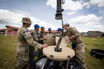 A coalition space team of U. S. Space Force Guardians, Colombian Air Force Guardianes, and Ecuadorian Air Force members deploy an Olympus Bolt intelligence, surveillance and reconnaissance sensor at a forward operating location in Rionegro, Colombia, after a rapid relocation from its previous deployment in Cali, Colombia. The deployment was part of Operation Thundergun Express, a 21-day space deployment exercise nested under Resolute Sentinel 23. This antenna, designed for rapid deployment, forms a crucial component of space Agile Combat Employment.