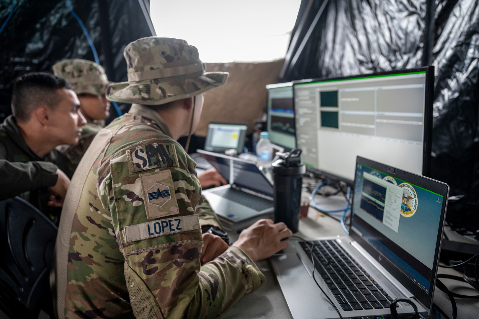 U. S. Space Force Spec. Alejandro Lopez II, 16th Electromagnetic Warfare Squadron, trains Colombian Air Force partners on the Multi-band Assessment of the Communication Environment (MACE) system as part of Operation Thundergun Express, a 21-day space deployment exercise nested under Resolute Sentinel 23. MACE is a rapidly-deployable, cost-effective, user friendly spectrum analysis and monitoring tool that was key in demonstrating space Agile Combat Employment capabilities during the exercise.