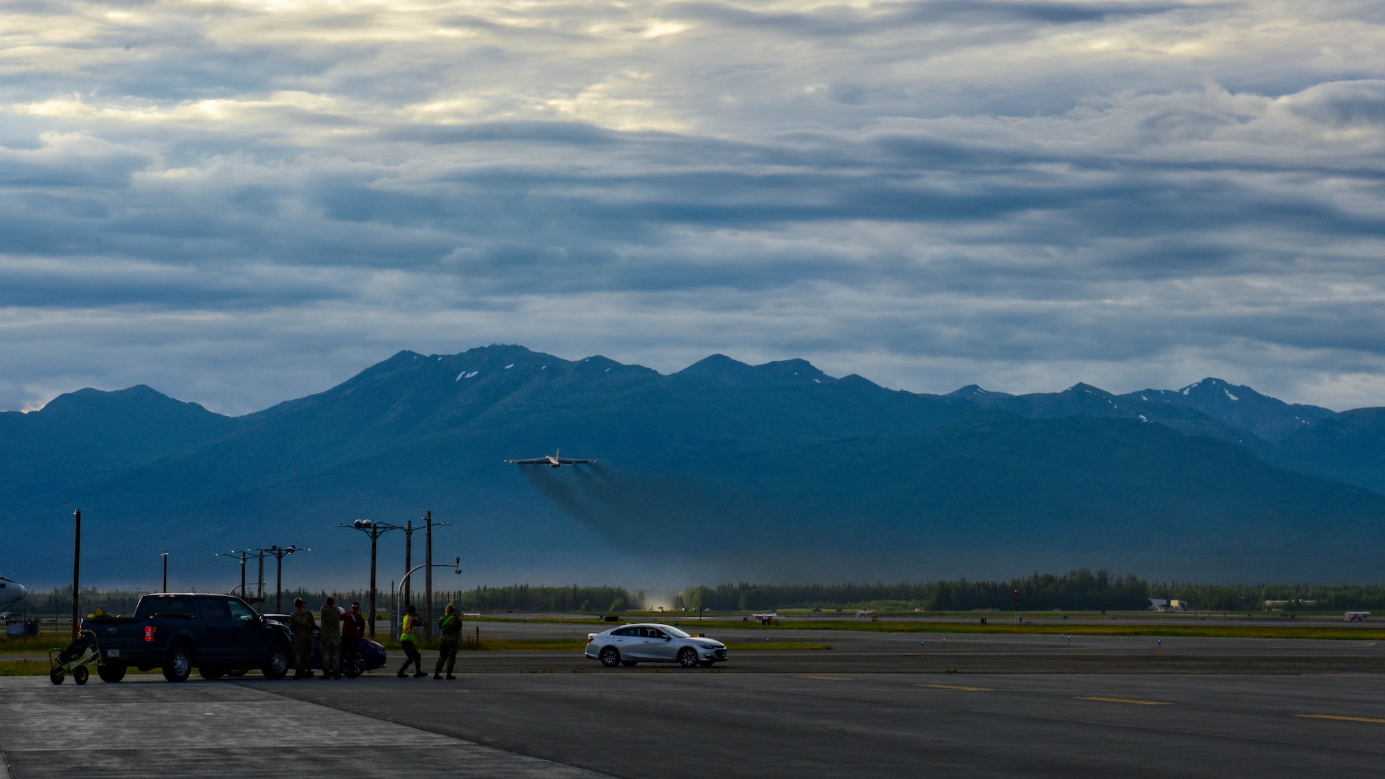A B-52H Stratofortress assigned to the 69th Bomb Squadron from Minot Air Force Base, North Dakota, takes off in support of a bomber Agile Combat Employment (ACE) exercise at Joint Base Elmendorf-Richardson, Alaska, July 14, 2023. ACE enables convergence across domains, presenting an adversary with dilemmas at an operational tempo that complicates or negates adversary responses. (U.S. Air Force photo by Senior Airman Zachary Wright)