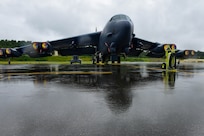 A B-52H Stratofortresses assigned to the 69th Bomb Squadron from Minot Air Force Base, North Dakota, is parked at the parking apron in support of a bomber Agile Combat Employment exercise at Joint Base Elmendorf-Richardson, Alaska, July 14, 2023. The ACE exercise aims to enhance interoperability and build enduring relationships with Allies and partners. (U.S Air Force photo by Senior Airman Zachary Wright)