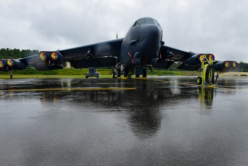 A B-52H Stratofortresses assigned to the 69th Bomb Squadron from Minot Air Force Base, North Dakota, is parked at the parking apron in support of a bomber Agile Combat Employment exercise at Joint Base Elmendorf-Richardson, Alaska, July 14, 2023. The ACE exercise aims to enhance interoperability and build enduring relationships with Allies and partners. (U.S Air Force photo by Senior Airman Zachary Wright)