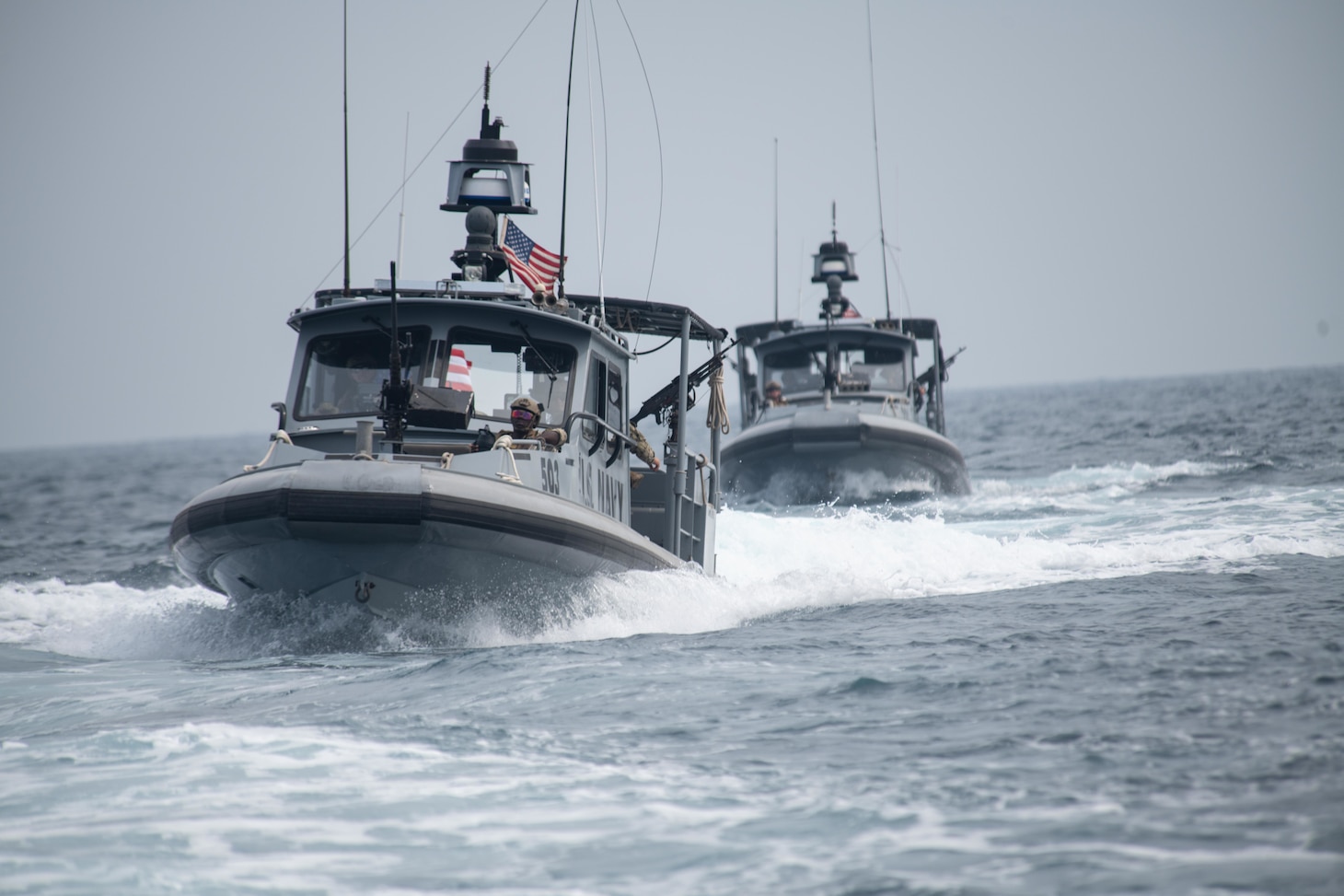 GULF OF TADJOURA (March 14, 2023) U.S. Navy Sailors with Maritime Security Squadron Eight (MSRON-8), currently deployed to Camp Lemonnier, Djibouti, make their way home after a seaward security mission in the Gulf of Tadjoura, on March 14, 2023.