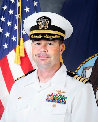 Capt. Peter J. Hatcher, commanding officer of U.S. Navy Support Facility Diego Garcia, poses for an official photo July 7, 2023.