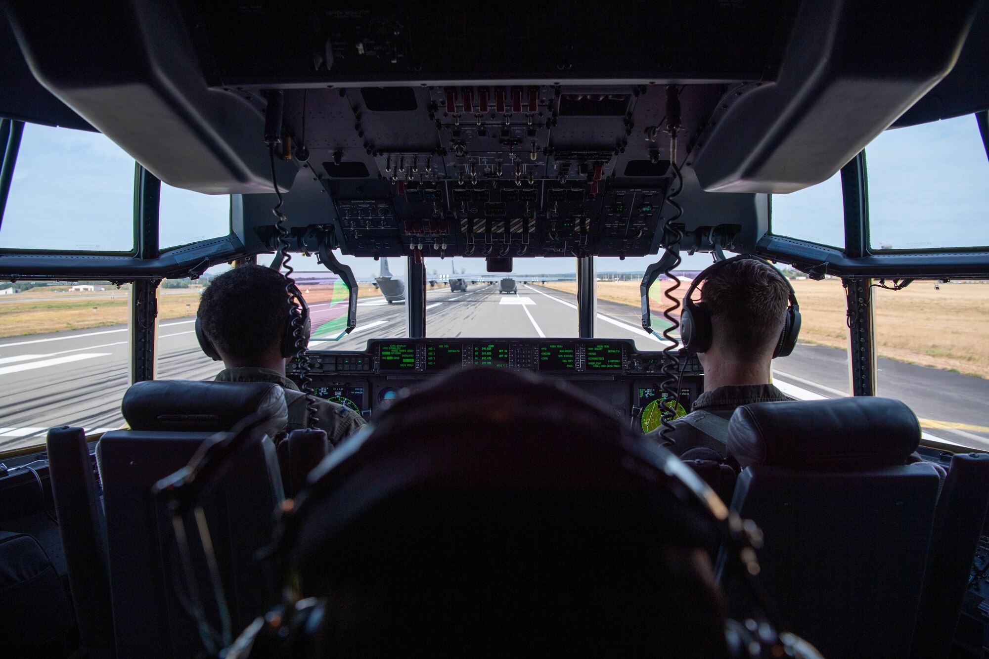 U.S. Air Force C-130J Super Hercules aircraft pilots from the 37th Airlift Squadron taxis down a runway during a large formation NATO interfly at Ramstein Air Base, Germany, June 14, 2023.