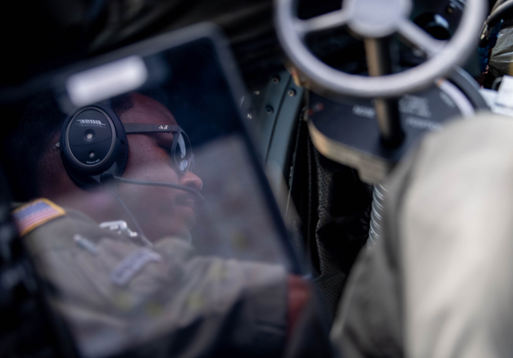 U.S. Air Force 1st Lt. Gabe Jenkins, 37th Airlift Squadron C-130J Super Hercules aircraft pilot, flies over Germany in a C-130J Super Hercules during a large formation NATO interfly at Ramstein Air Base, Germany, July 14, 2023.