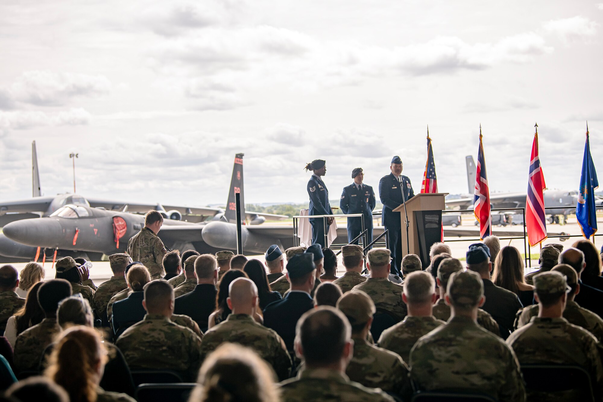 U.S. Air Force Col. Brian Filler, 501st Combat Support Wing outgoing commander, speaks during a change of command ceremony at RAF Fairford, England, July 18, 2023. During the ceremony Filler relinquished command of the 501st CSW to Col. Dennis Phillips. (U.S. Air Force photo by Staff Sgt. Eugene Oliver)