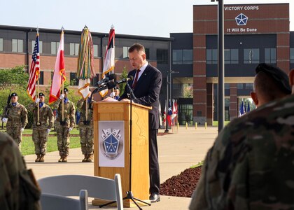 Polish Minister of National Defense Mariusz Błaszczak gives a speech during V Corps' Victory Honors ceremony July 18, 2023, Fort Knox, Kentucky. The event was a combined welcome and farewell ceremony, referred to as Victory Honors, with special guest Polish Minister of National Defense Mariusz Błaszczak, for V Corps’ deputy commanding generals at the V Corps Headquarters. (U.S. Army photo by Spc. Devin Kleca