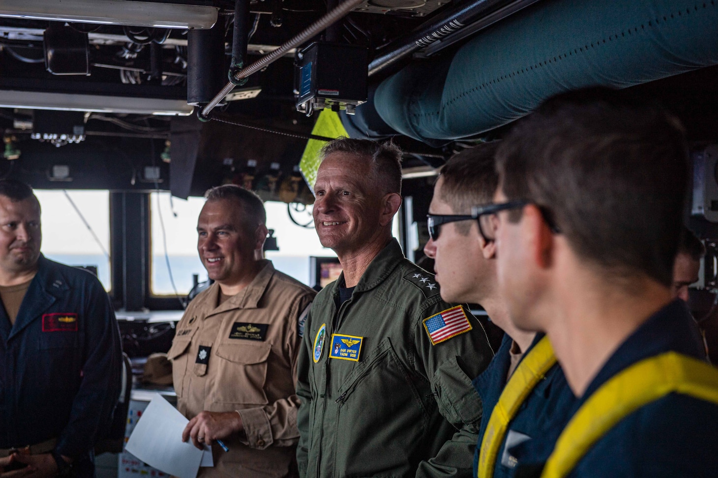 U.S. Navy Vice Admiral Daniel Dwyer, commander, Joint Force Command Norfolk/U.S. Second Fleet, receives a tour of the bridge aboard the Arleigh Burke-class guided-missile destroyer USS Laboon (DDG 58) July 8, 2023, in the Atlantic Ocean.