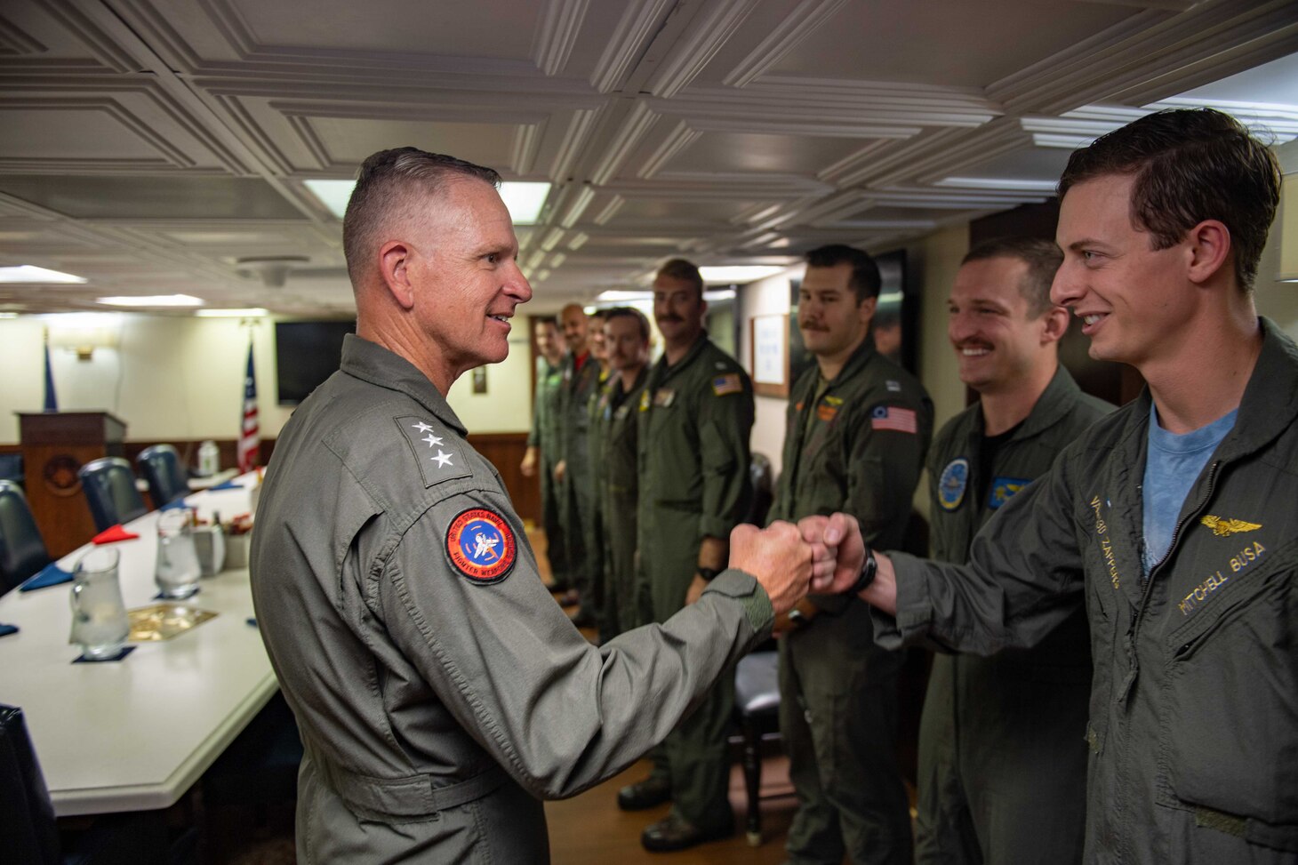 Vice Adm. Dan Dwyer, commander, Second Fleet, takes a tour aboard the Nimitz-class aircraft carrier USS Dwight D. Eisenhower (CVN 69).