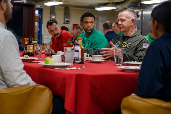 Vice Adm. Dan Dwyer, commander, U.S. Second Fleet, eats breakfast in the Chief’s Mess aboard the Nimitz-class aircraft carrier USS Dwight D. Eisenhower (CVN 69).