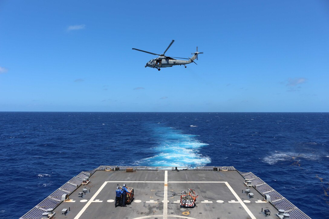 The Freedom-variant littoral combat ship USS Little Rock (LCS 9) deploys an SH-60 Seahawk helicopter to aid in a drug interdiction while deployed to the U.S. Naval Forces Southern Command/U.S. 4th Fleet area of operations (AOR), Apr. 17, 2023. Little Rock is assigned to Commander, Task Force 45 (CTF-45). CTF-45 is the 4th Fleet task force charged with executing combined naval operations, building and strengthening Latin American, south of Mexico, and Caribbean maritime partnerships, and acting as a DoD ready service provider to JIATF-S in support of counter illicit-drug trafficking operations in the Central and South American waters.