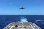 The Freedom-variant littoral combat ship USS Little Rock (LCS 9) deploys an SH-60 Seahawk helicopter to aid in a drug interdiction while deployed to the U.S. Naval Forces Southern Command/U.S. 4th Fleet area of operations (AOR), Apr. 17, 2023. Little Rock is assigned to Commander, Task Force 45 (CTF-45). CTF-45 is the 4th Fleet task force charged with executing combined naval operations, building and strengthening Latin American, south of Mexico, and Caribbean maritime partnerships, and acting as a DoD ready service provider to JIATF-S in support of counter illicit-drug trafficking operations in the Central and South American waters.